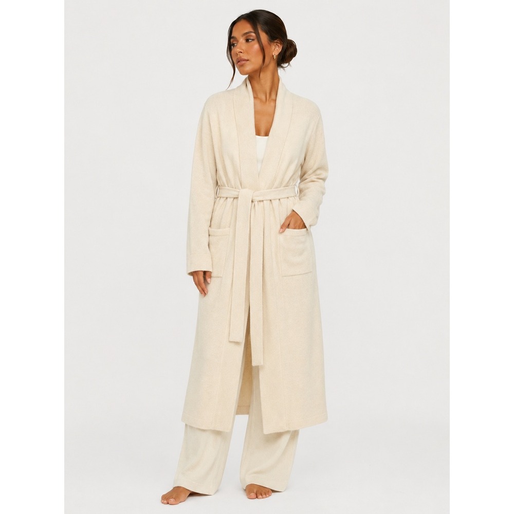 Naadam 100% Cashmere Robe Coat Cardigan Cream Belted Shawl Collar Pockets L XL
